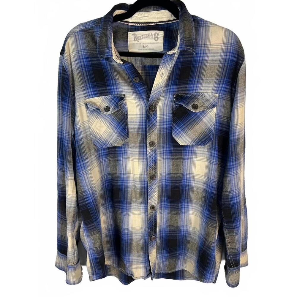 Vintage Roebuck & Co. Blue Plaid Flannel|Western Gorpcore Workwear|Size Large